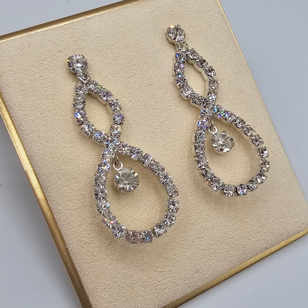 Y2K Clear Crystal Rhinestone Double Teardrop Drop Earrings Formal Bridal Sparkle - Picture 10 of 15